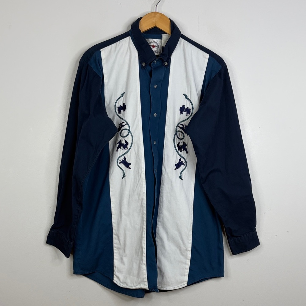 Vintage Western Shirt Mens Large Blue White Cowboy Rodeo Button Down Collar